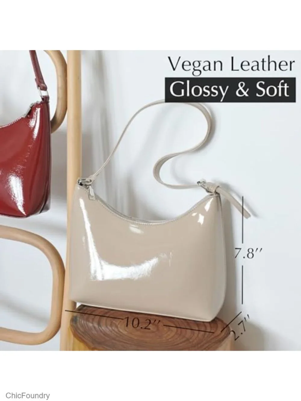 Faux Patent Leather Shoulder Bag Y2K Shiny Women Purse Silver Hardware Zipper